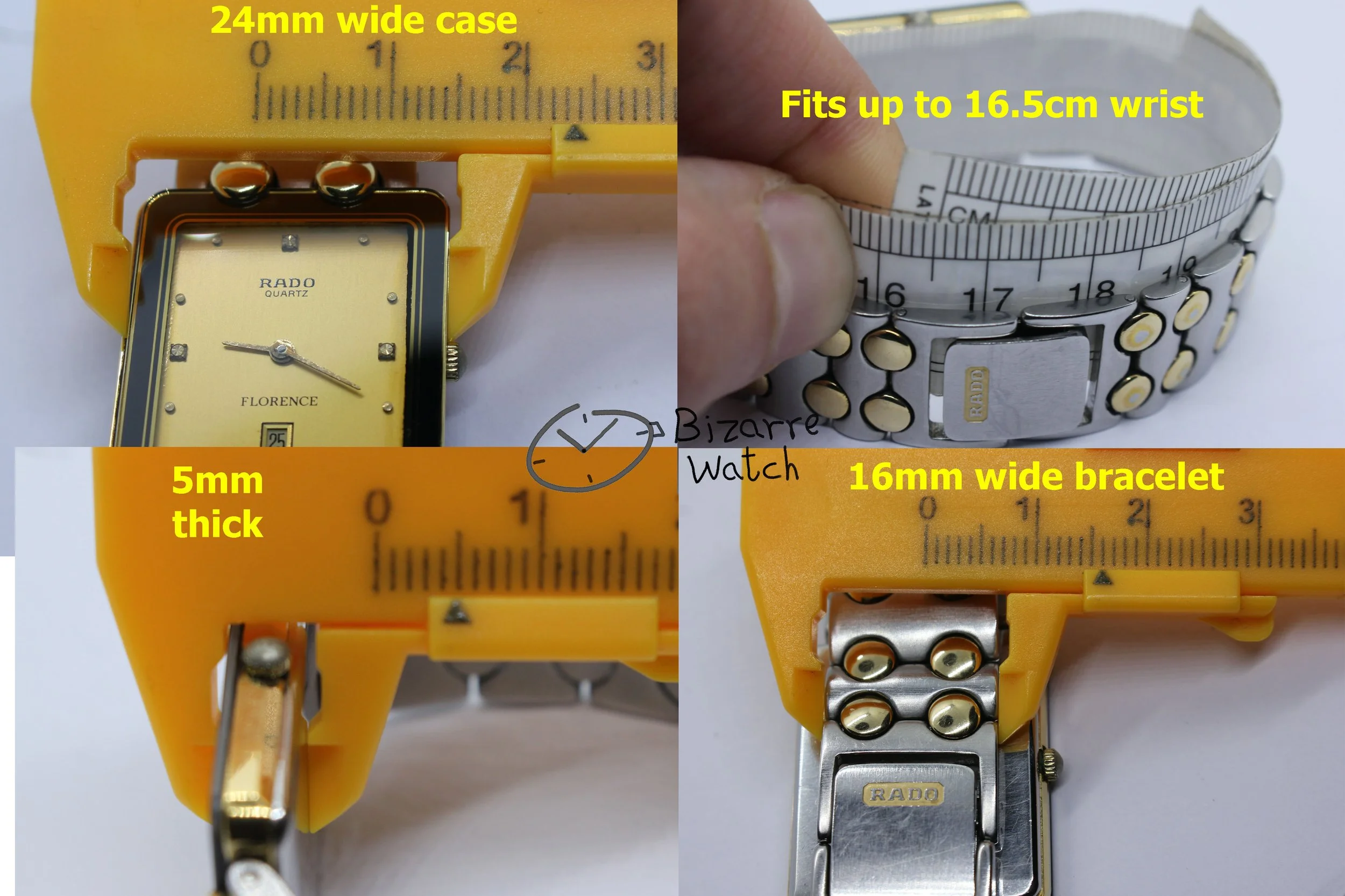 wrist size dimensions Vintage Goldplated 24mm Rado Florence 160.3530.2 Two Tone Bracelet Watch women men unisex used preowned pre-owned bizarre