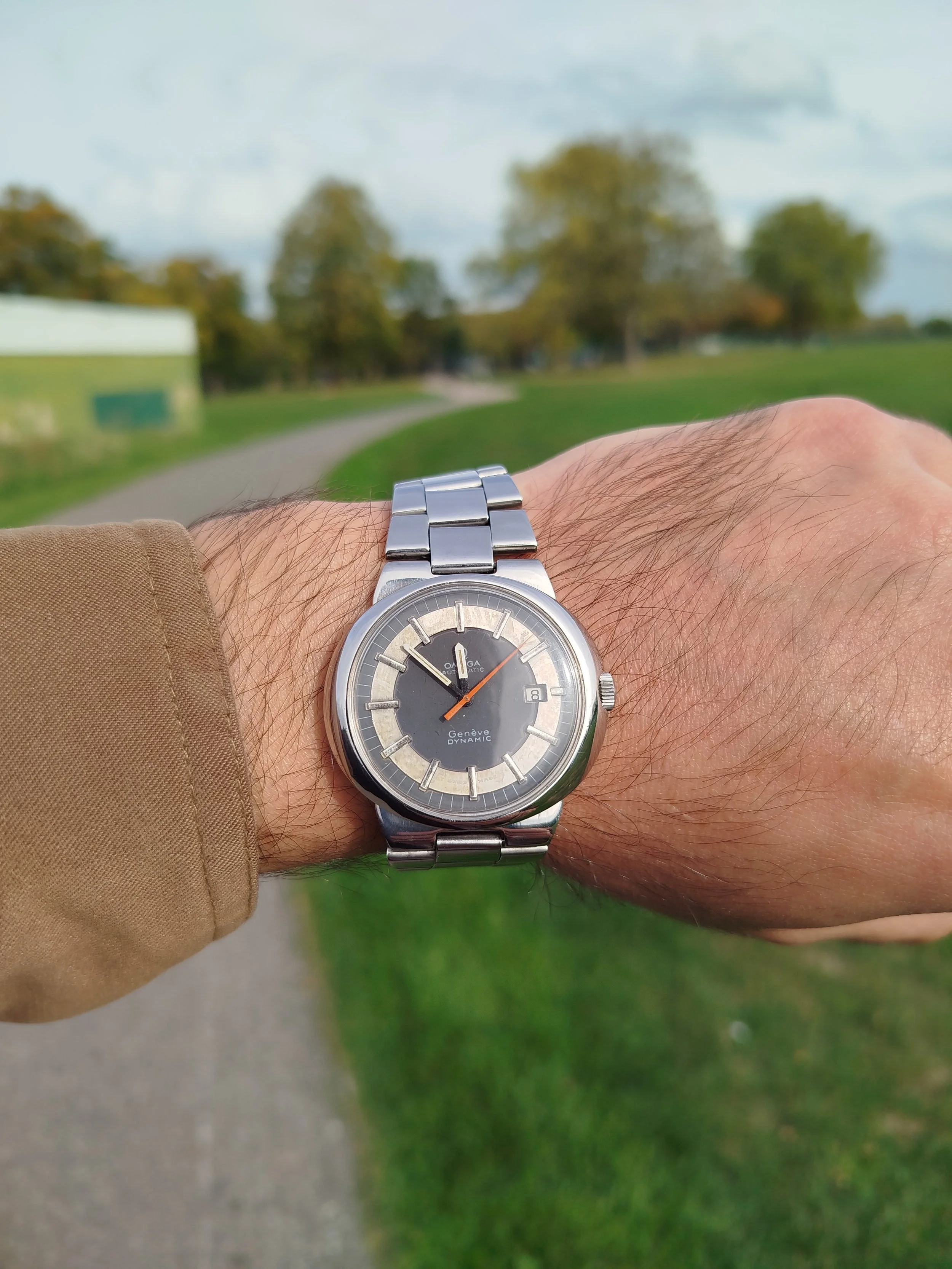 wrist shoot wristshoot shot steel bracelet 1972 Vintage OMEGA 1481 Dynamic geneve Genève Automatic Tool 107 Men's men Tritium Lume Watch Serviced lapping polished bizarre bizarrewatch