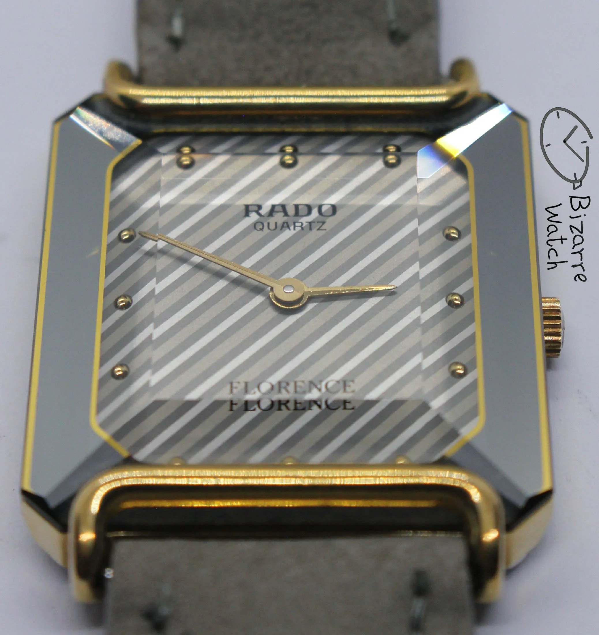 pinstripe dial 030 hands logo vintage goldplated Rado Florence 153.3455.2 Bevelled Sapphire Crystal Striped Dial Grey Strap Watch bizarre women unisex