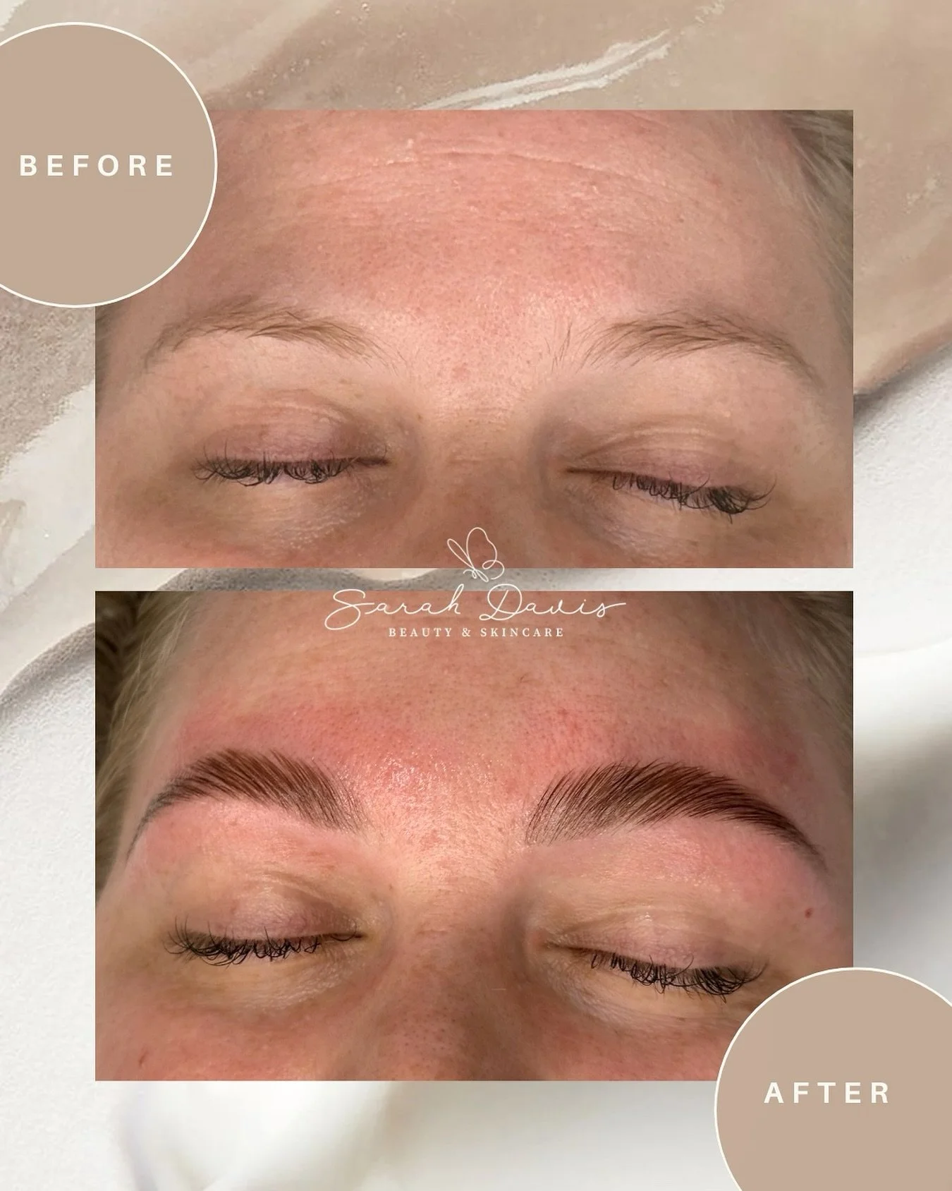Blonde brow lami! She wanted full natural brows with tint but still natural light brown. We were sooo happy with the color finish and shape 😍 what comes in a brow bundle?
🩷 brow wax or tweeze
🩷 brow lamination 
🩷 brow tint 
🩷 brow hydrating trea
