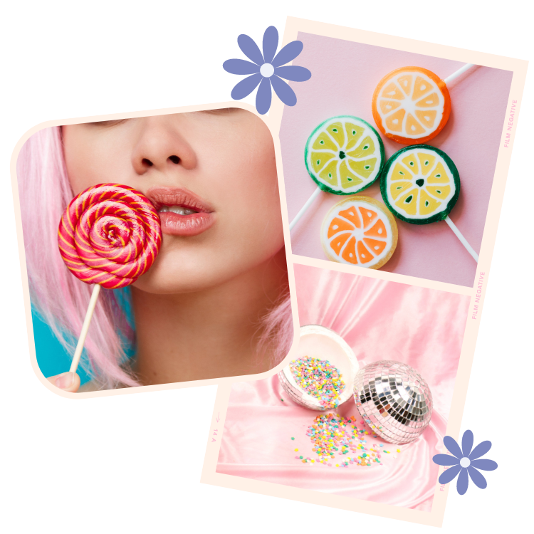 Close-up of a woman with pink hair licking a colorful swirled lollipop, surrounded by images of citrus-themed candies and a container of sprinkles next to a disco ball on pink satin fabric.
