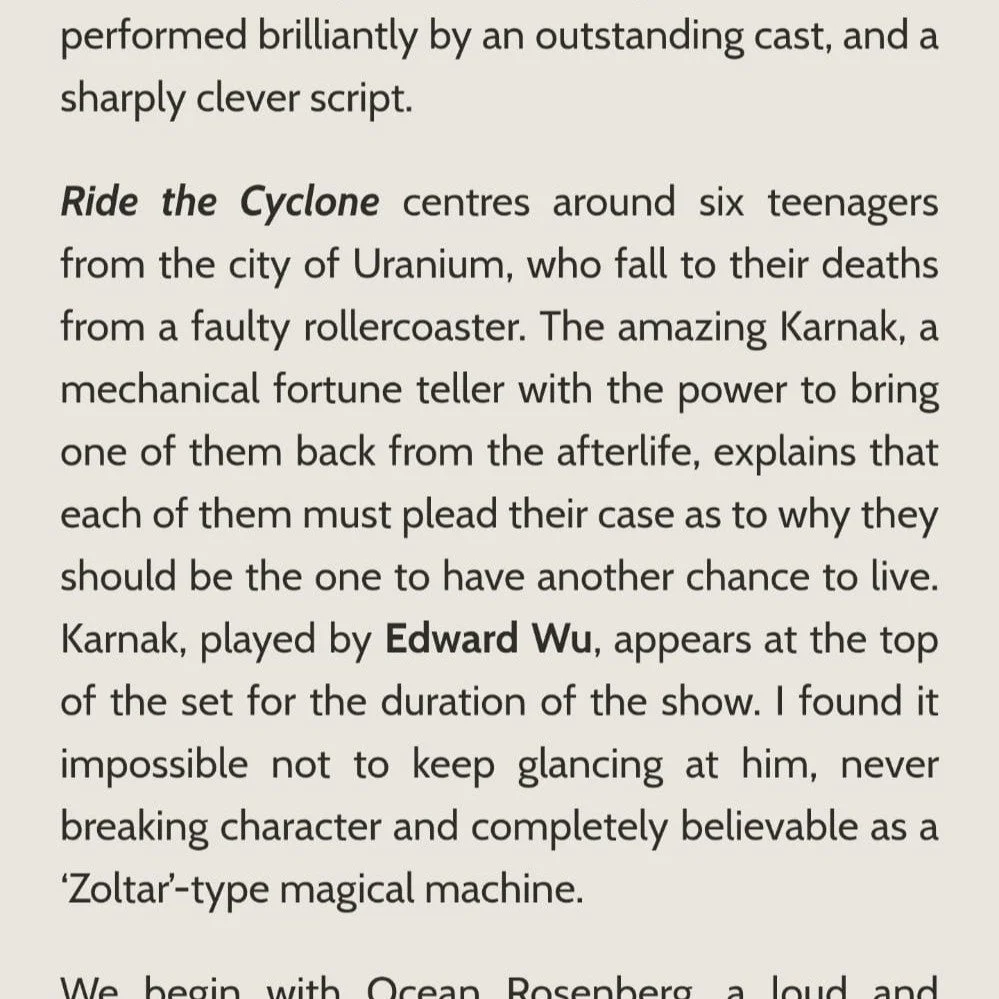 🎭 REVIEWS ARE IN 🎭

The critics are singing praises for our incredible client, @mr.edwu, who is absolutely stealing the show as The Amazing Karnak in the UK premiere of Ride the Cyclone at Southwark Playhouse Elephant!

From the moment he appears, 