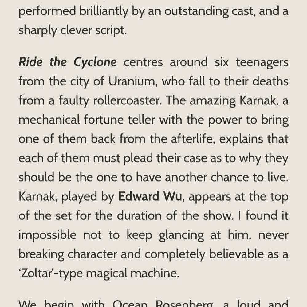 🎭 REVIEWS ARE IN 🎭

The critics are singing praises for our incredible client, @mr.edwu, who is absolutely stealing the show as The Amazing Karnak in the UK premiere of Ride the Cyclone at Southwark Playhouse Elephant!

From the moment he appears, 
