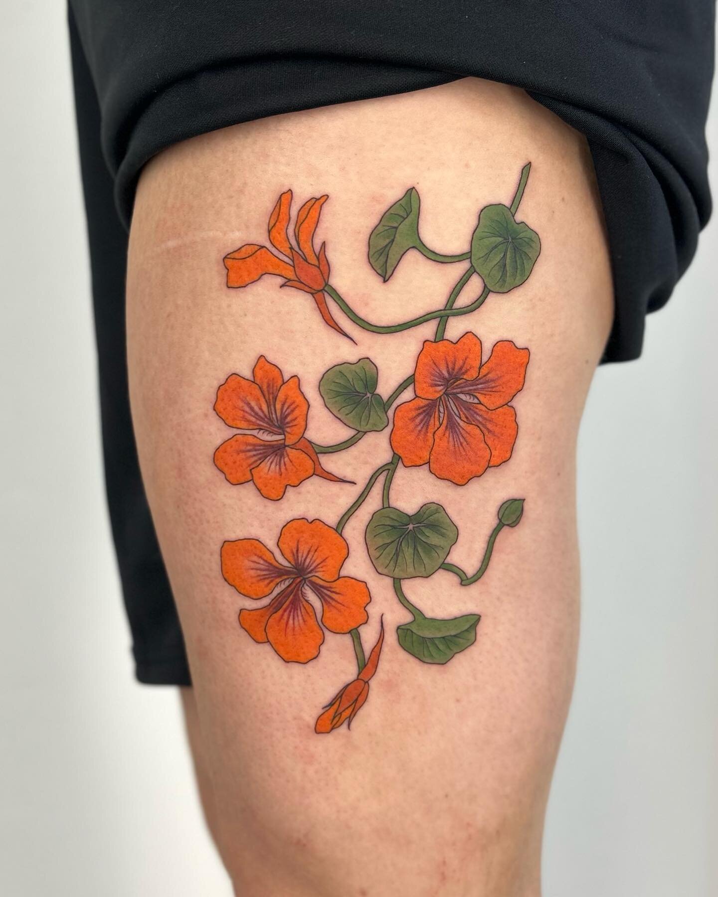 Nasturtiums for Carrie&rsquo;s first tattoo, thanks! ✨ Email paulajdaveytattoo@gmail.com for bookings