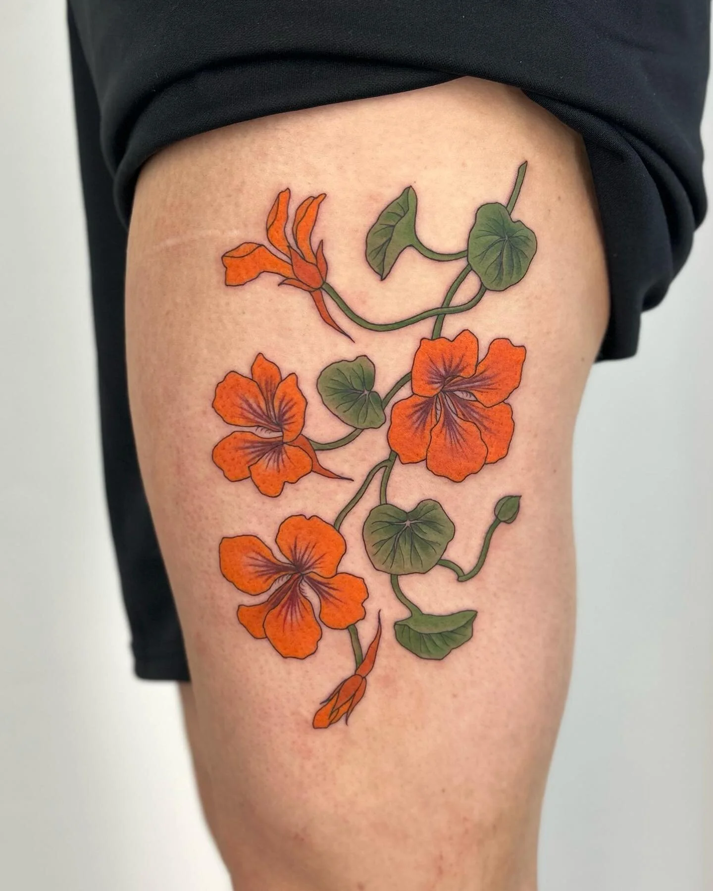 Nasturtiums for Carrie&rsquo;s first tattoo, thanks! ✨ Email paulajdaveytattoo@gmail.com for bookings