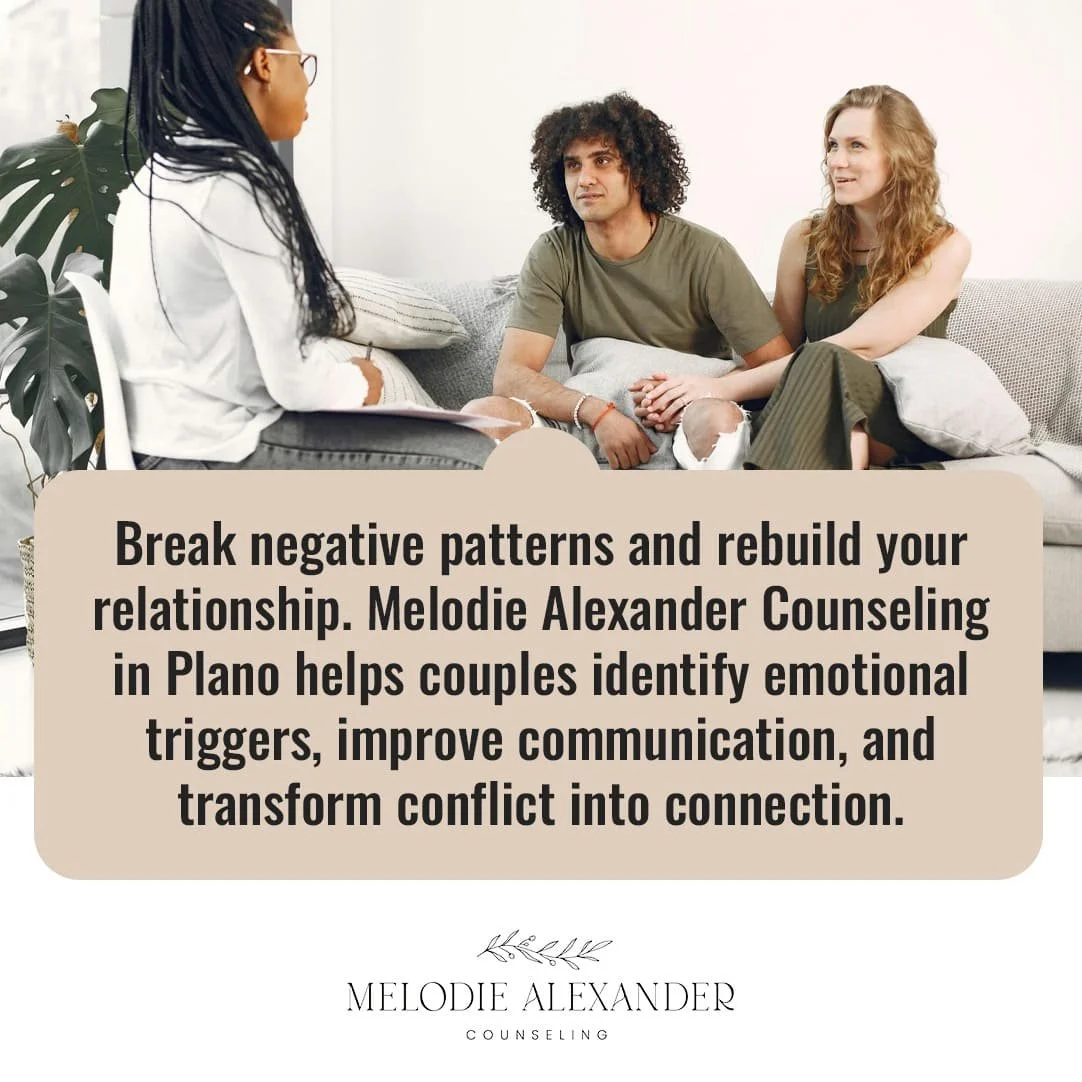 A couple sits on a couch in a therapy session with a female counselor, next to a text box describing how Melodie Alexander Counseling helps couples break negative patterns and improve communication.