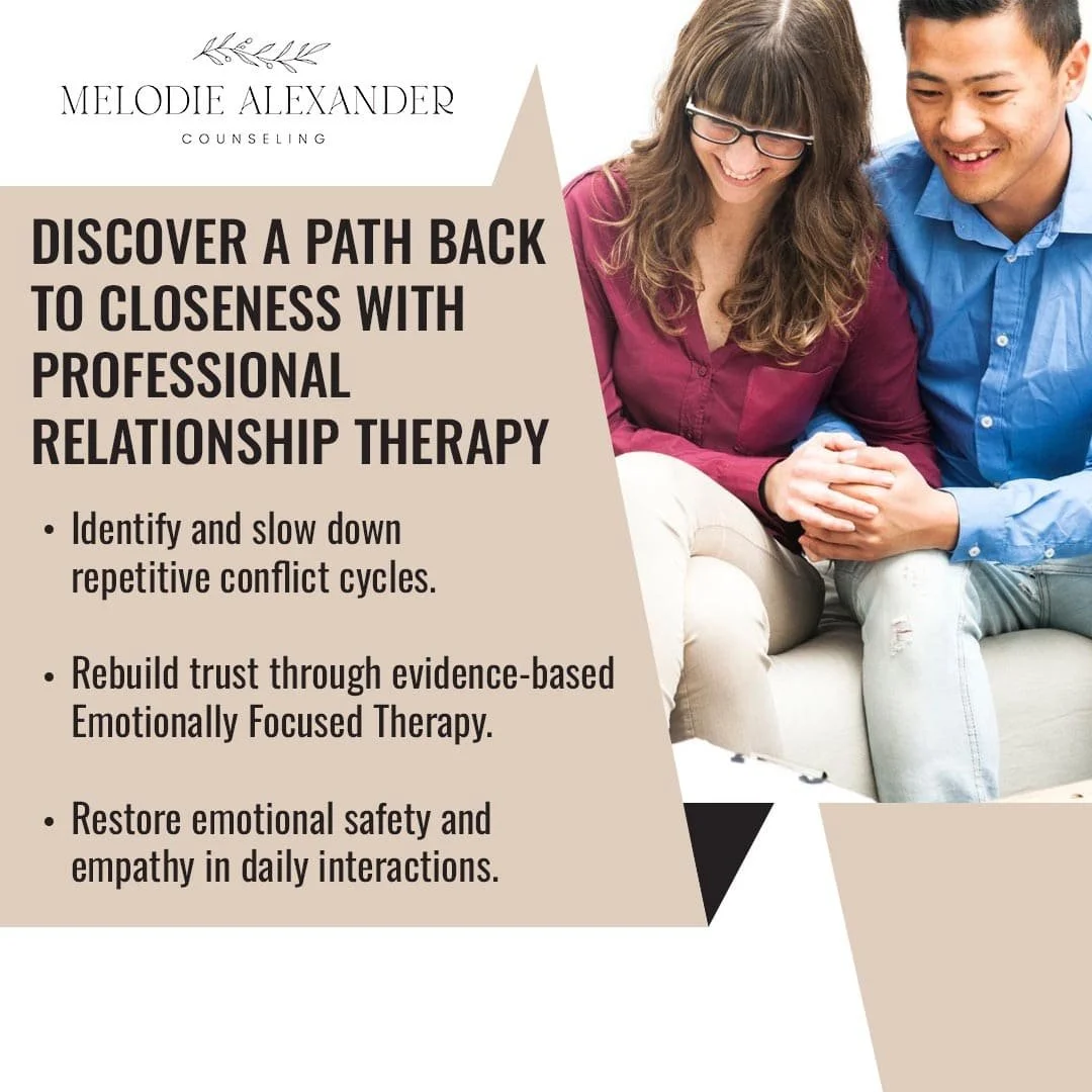 Couple attending relationship therapy session to rebuild trust and improve emotional safety