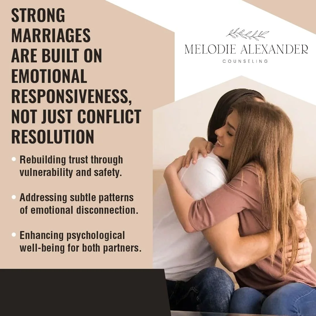 Couple hugging to show emotional responsiveness and trust building in couples counseling at Melodie Alexander Counseling in Plano