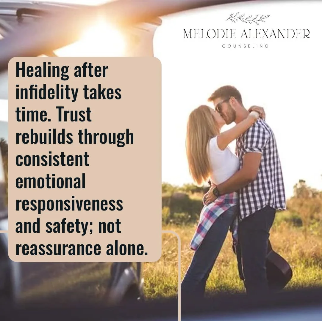A promotional graphic for Melodie Alexander Counseling showing a couple kissing in a sunlit outdoor field next to a car.