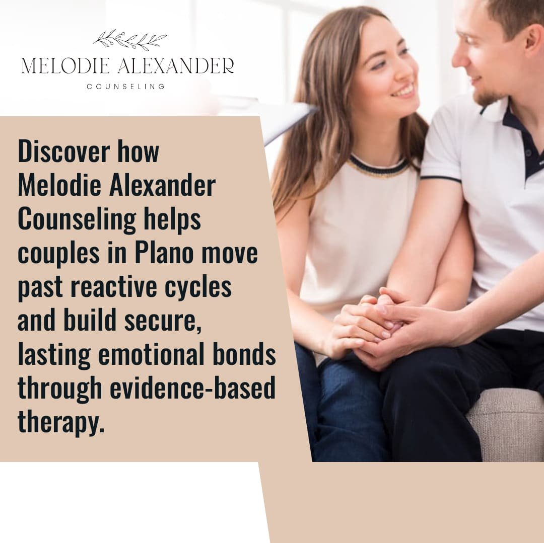 Couple holding hands during counseling session illustrating emotional bonding and secure attachment therapy in Plano