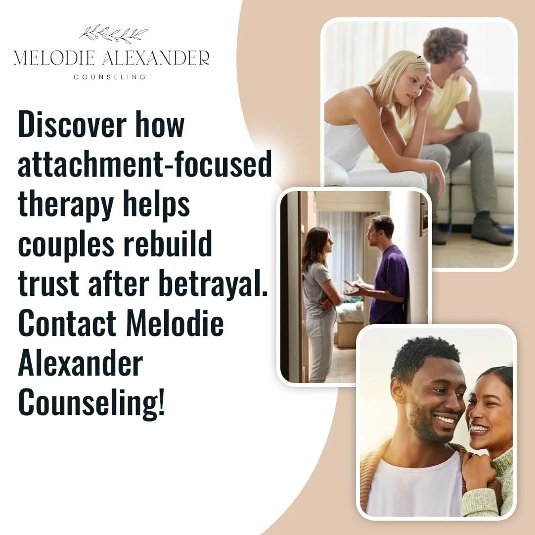 An advertisement for Melodie Alexander Counseling featuring three photos of couples in different emotional stages: a couple sitting back-to-back in distress, a couple arguing in a hallway, and a couple smiling and leaning on each other.