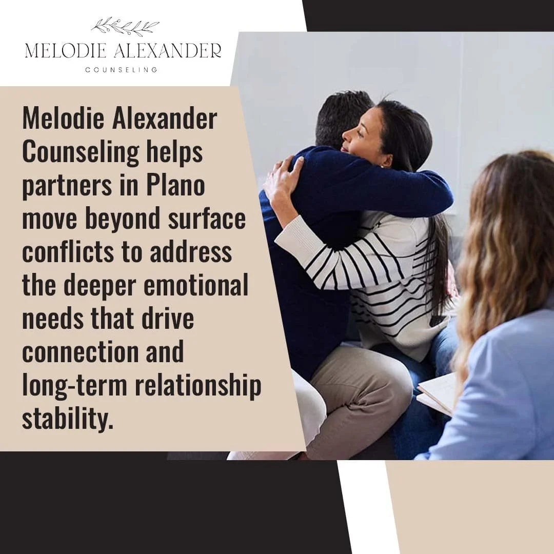 Couple embracing during counseling session focused on emotional healing and relationship stability