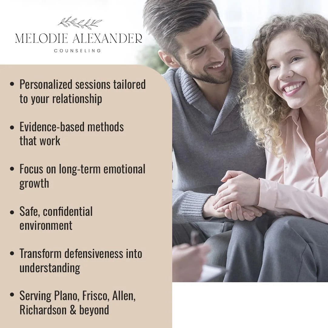 A happy couple smiles while holding hands, with a list of personalized and evidence-based couples counseling services offered by Melodie Alexander Counseling.