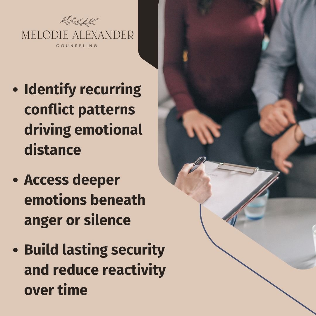 Couple attending counseling session with therapist discussing relationship conflicts and emotional distance