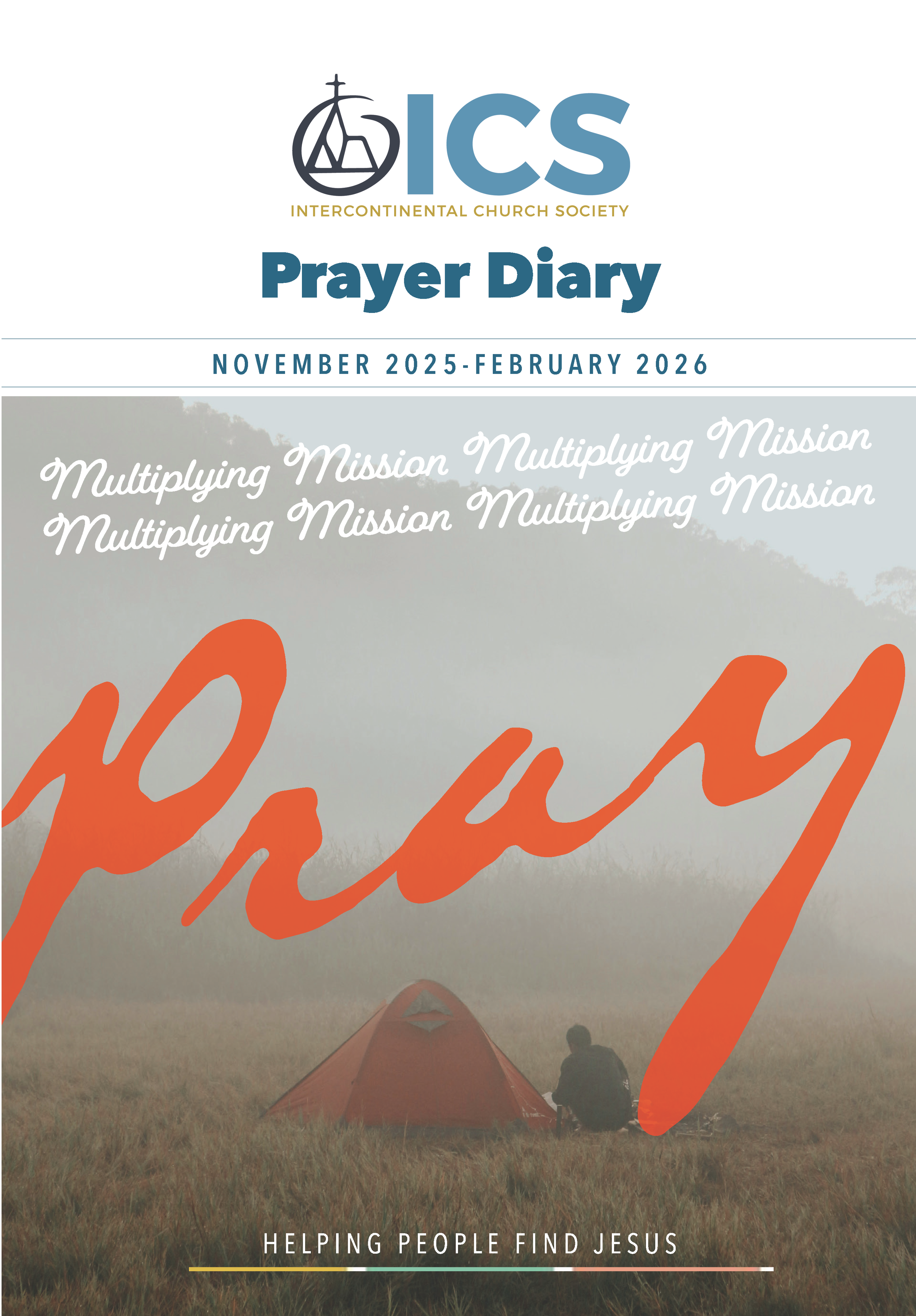 Cover page of a prayer diary titled 'Proy' with a background image of a person sitting near a tent in a foggy outdoor setting, with the ICS logo at the top.