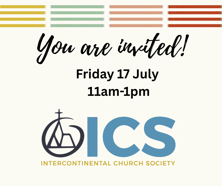 Invitation graphic for Intercontinental Church Society event on July 17, from 11am to 1pm, with decorative colored lines at the top and the ICS logo featuring a wheelchair symbol.