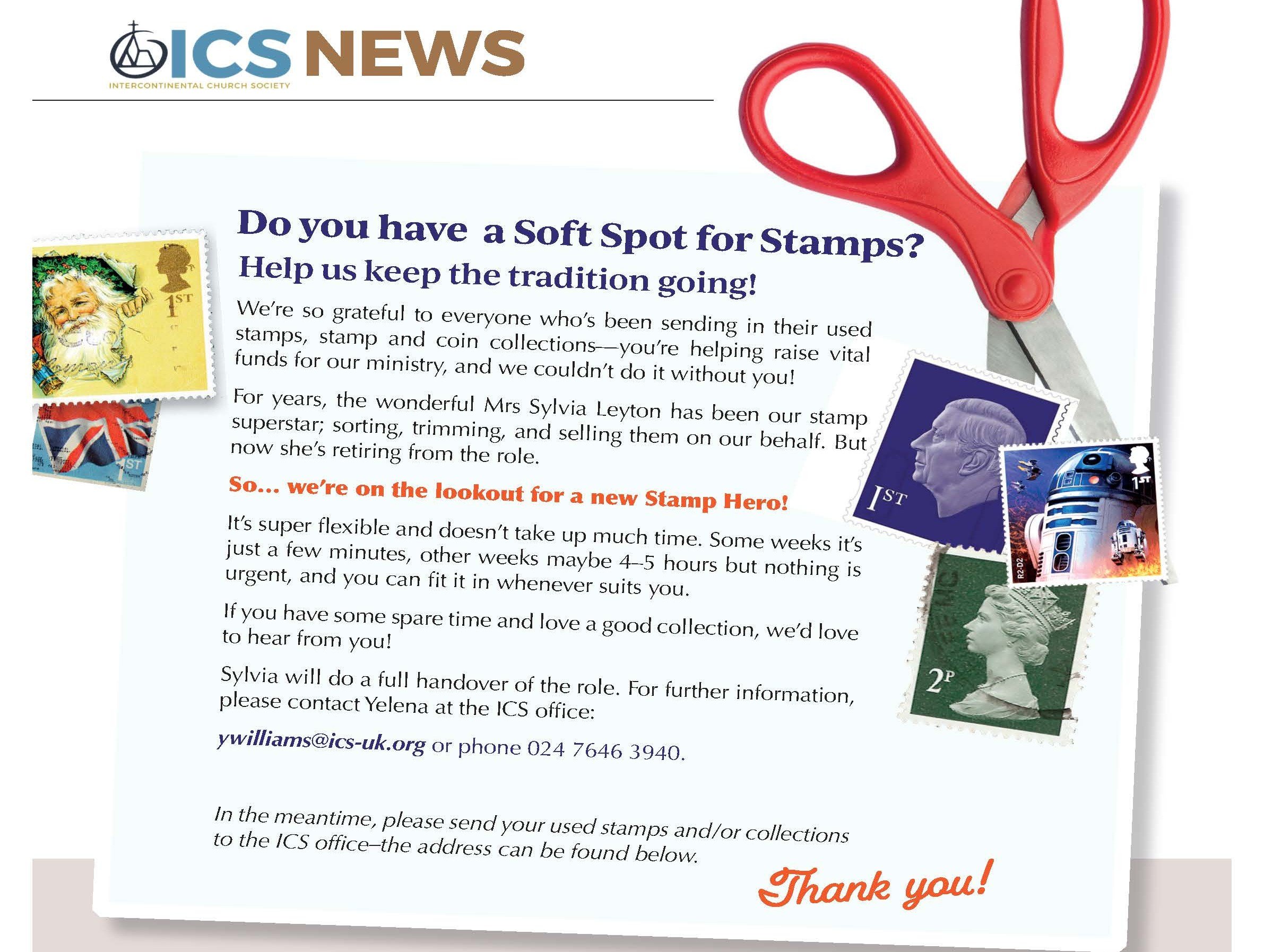 A flyer from ICS News appealing for used stamps, with images of postage stamps, a pair of red scissors, and a contact email and phone number for the organization.