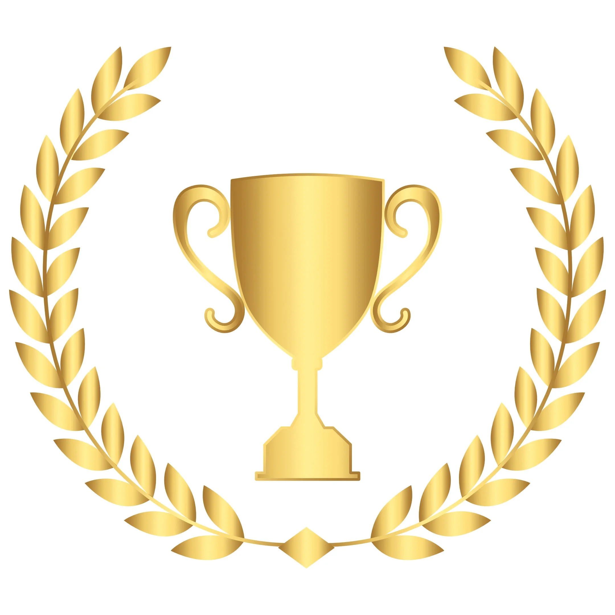 Gold trophy cup surrounded by a laurel wreath