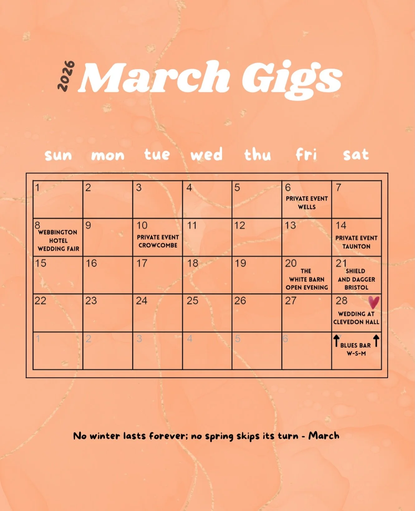 Where to find me this March:

🎁 Things kick off with a private party tomorrow at the @the_olive_tree_wells for Petra&rsquo;s birthday

💍 Then there&rsquo;s a chance to chat to me about your wedding day at the @webbingtonhotelweddings on the 8th and