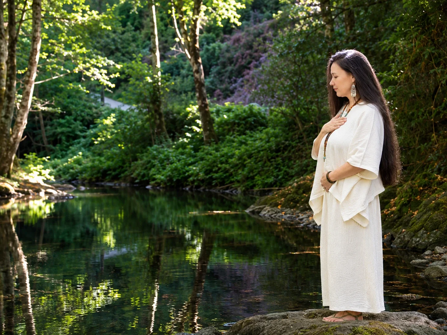 woman with a hand on her heart looking serenely at the creek in the forest