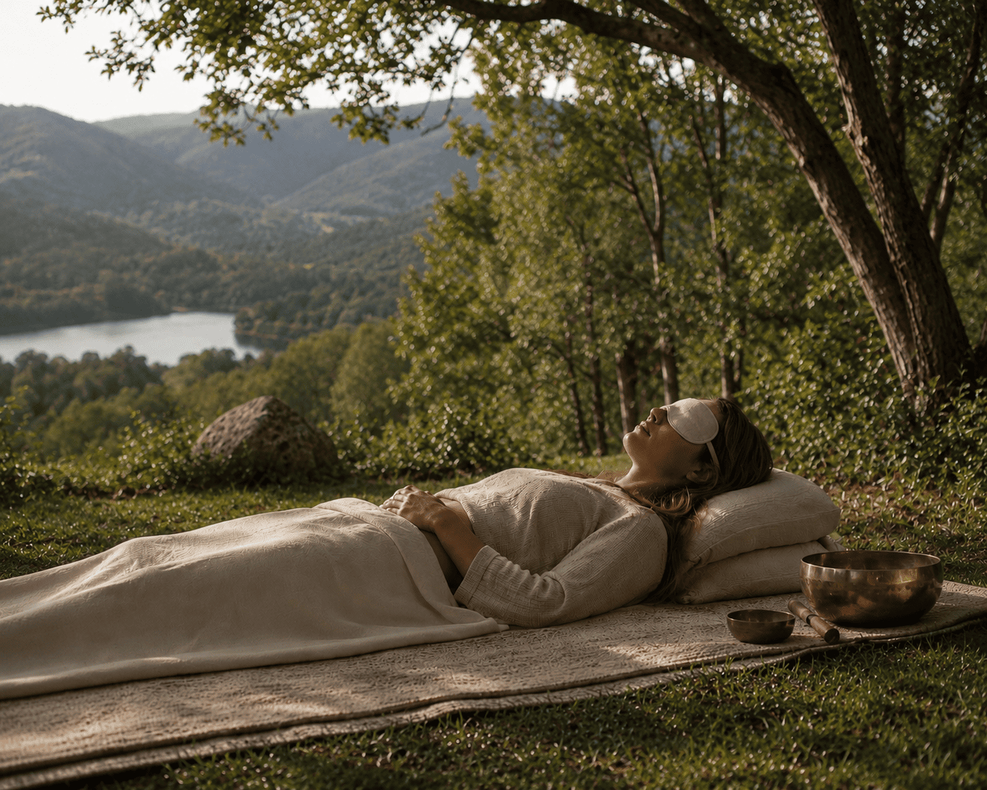 woman laying down in nature during ketamine therapy