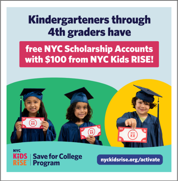 Overlapping green and yellow circles with individual photos of a girl and two boys wearing graduation caps and gowns and holding pink money bills. Aqua wave along bottom with NYC Kids RISE logo and hyperlink "nyckidsrise.org/activate".