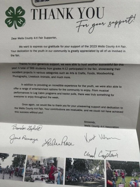 Wells County 4-H sponsorship thank you letter