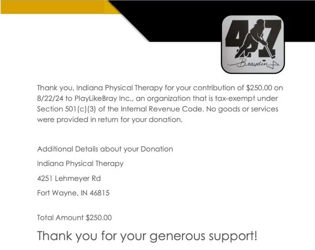 Donation thank you letter from PlayLikeBray Inc.