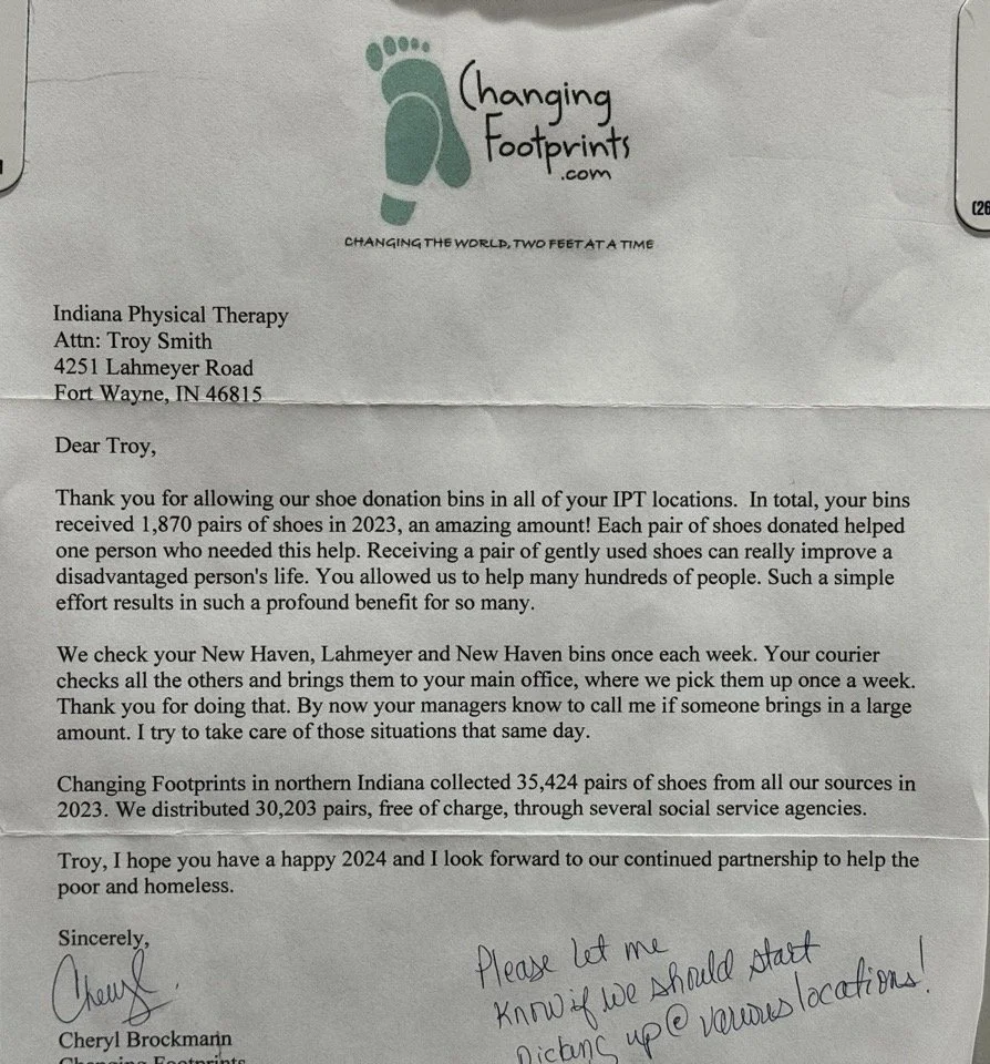 Thank you letter from Changing Footprints