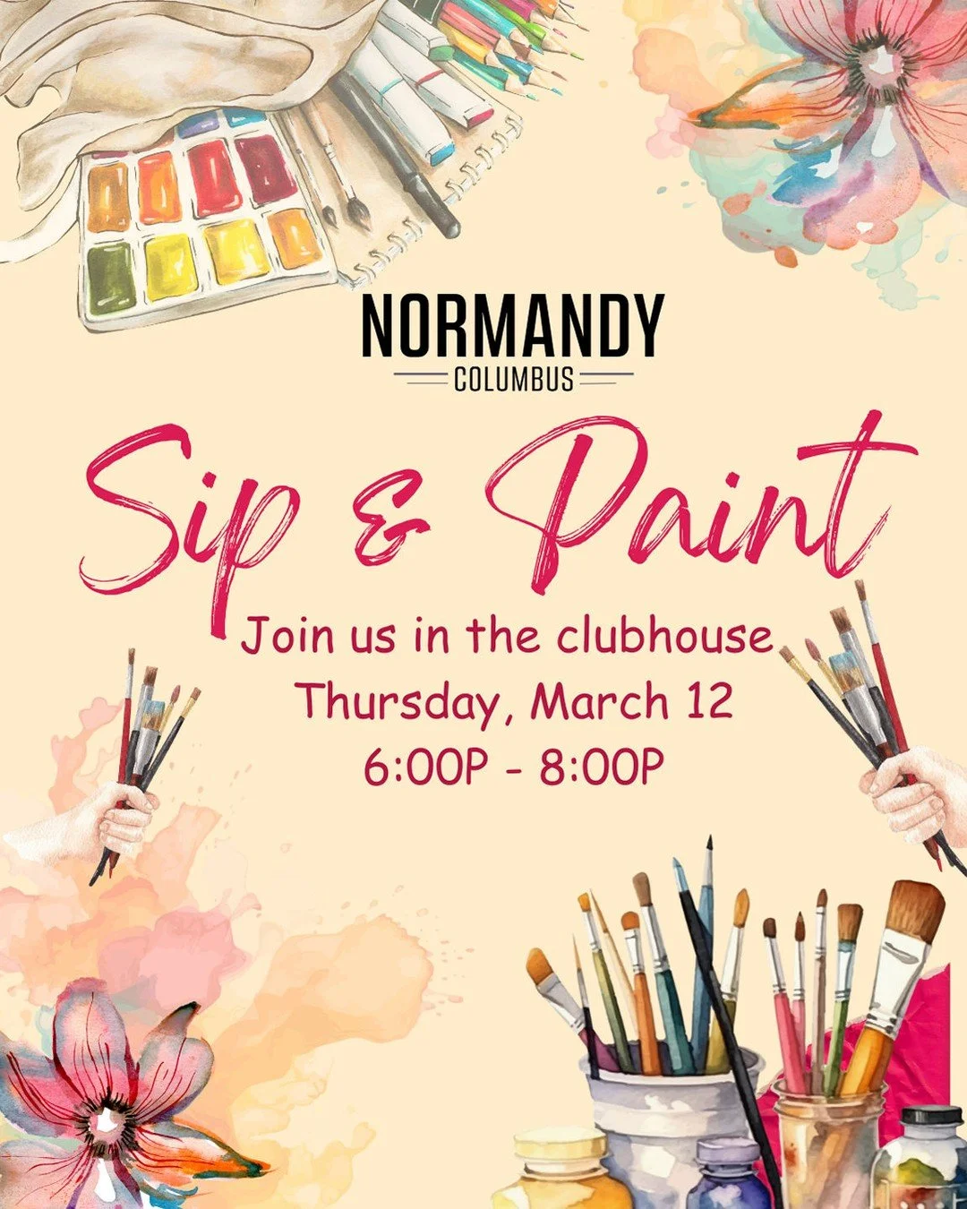 We are excited for the Community Sip and Paint tomorrow in the Clubhouse - Can't wait to see you there!