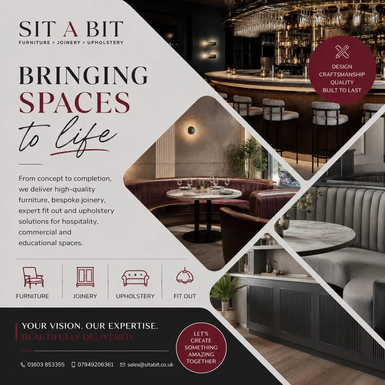 Transforming Spaces With Quality Craftsmanship 🛠️

At Sit a Bit, we provide complete solutions from concept to completion &mdash; delivering bespoke Furniture, Joinery, Fit Out and Upholstery services tailored to hospitality, commercial, education a