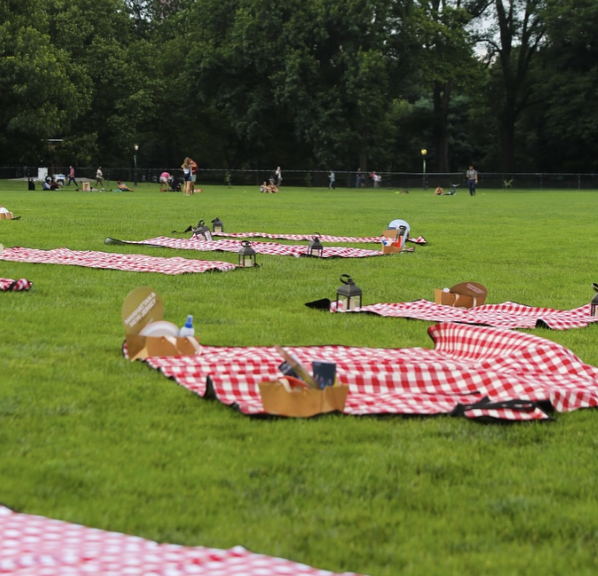 Multiple picnic blankets with food and drinks spread across a grassy park, with people and trees in the background