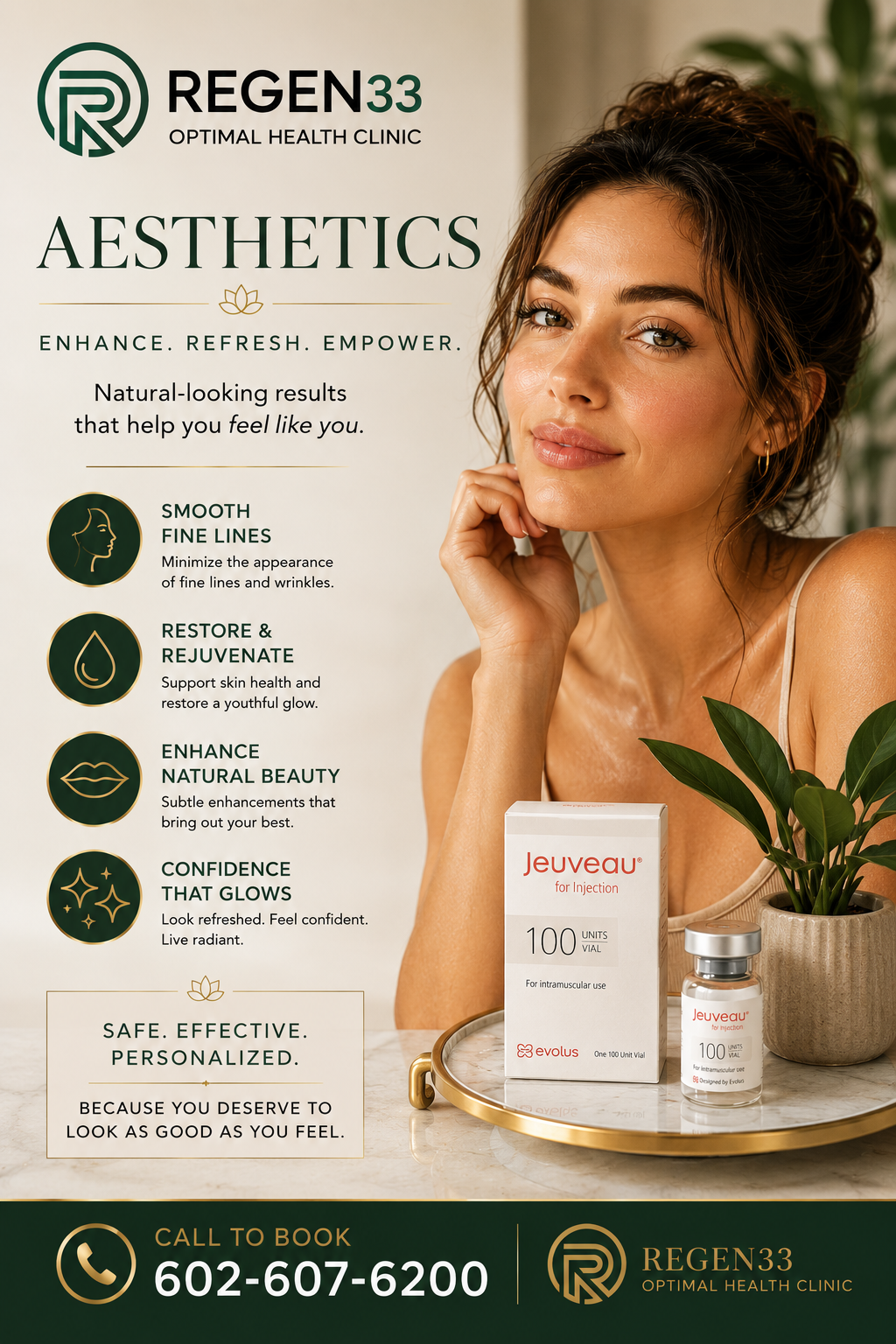 An advertisement for Regen33 Aesthetics, a health clinic, featuring a smiling woman with clear skin. The ad highlights benefits such as smoothing fine lines, restoring and rejuvenating skin, enhancing natural beauty, and boosting confidence. It displays Jeuveau for injection vials and a bottle, with the clinic's contact information and logo.