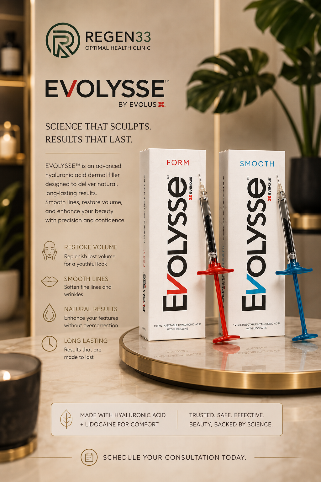 Advertisement for EVOLYSSE hyaluronic acid dermal filler by REGEN33, with two syringes labeled FORM and SMOOTH, and a list of benefits including restoring volume, smoothing lines, enhancing features naturally, and long-lasting results.
