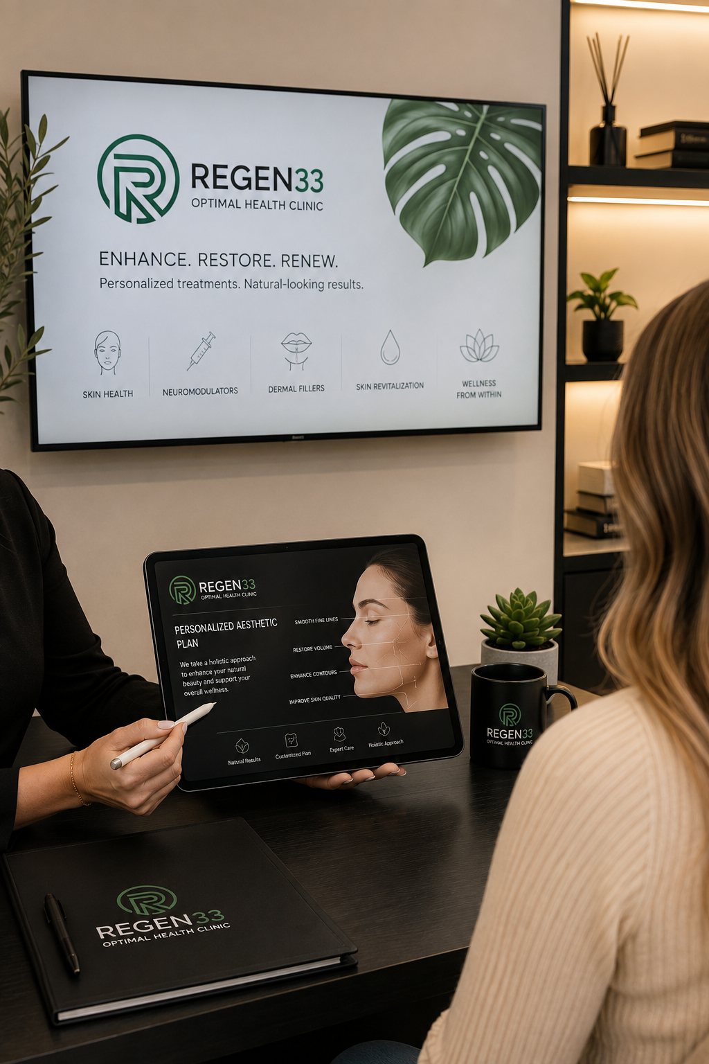 A consultation at a clinic with a digital screen displaying services and a tablet showing a personalized aesthetic plan of a woman's face with facial treatment details.