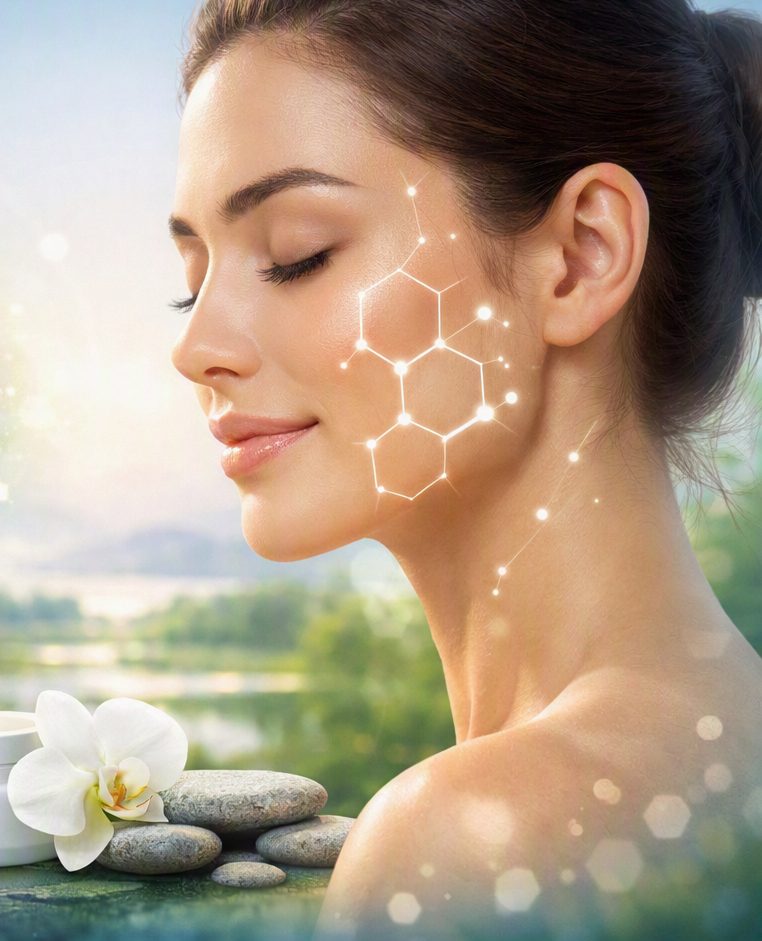 A woman with closed eyes smiling, with glowing chemical structure graphics on her cheek, in a spa-like setting with stones and a white orchid flower.