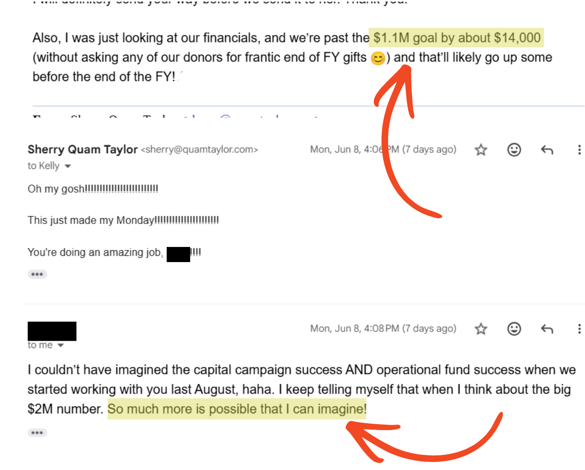 Image of an email with Sherry Quam Taylor showing the success of a nonprofit leader through building relationships with donors.