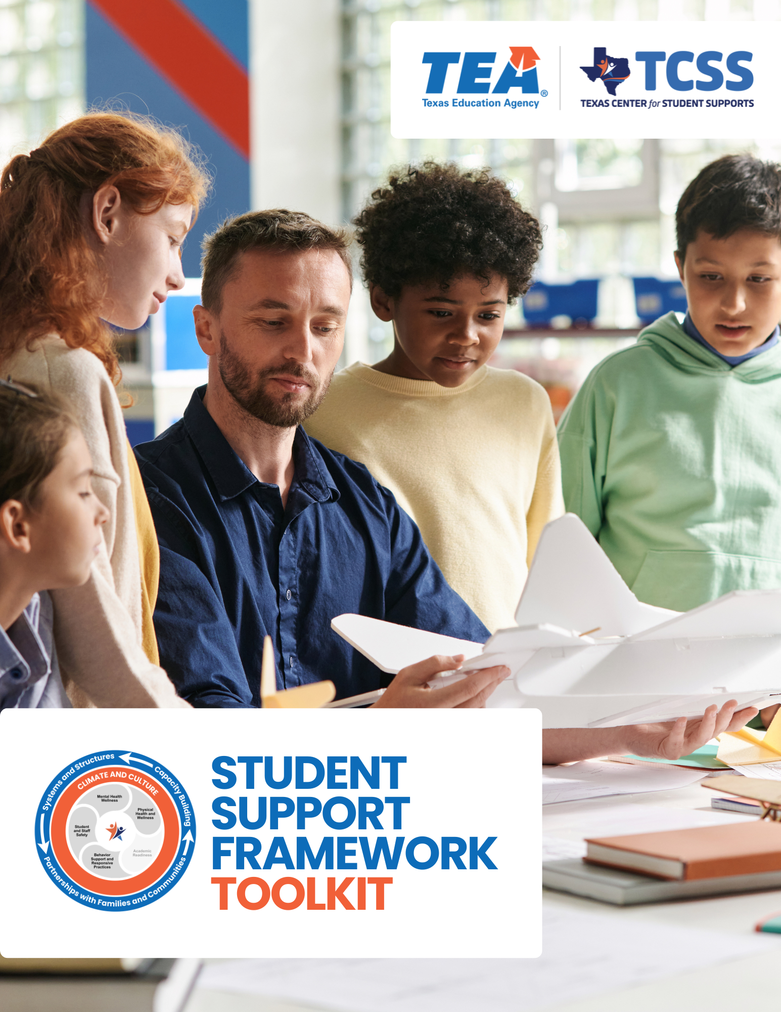 A man is showing a model airplane to a group of children in a classroom with large windows. The classroom has educational posters and supplies. The image includes a logo and text for the Texas Center for Student Supports (TCSS) and the Texas Education Agency.