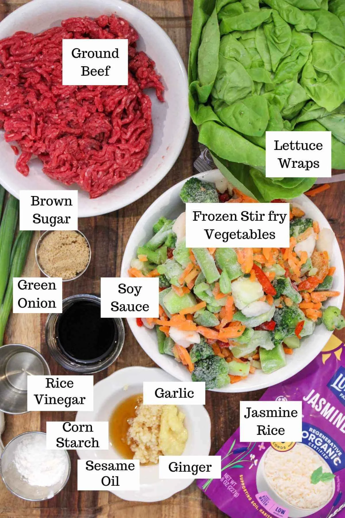 an infographic with the ingredients placed and labeled to make ground beef lettuce wraps.