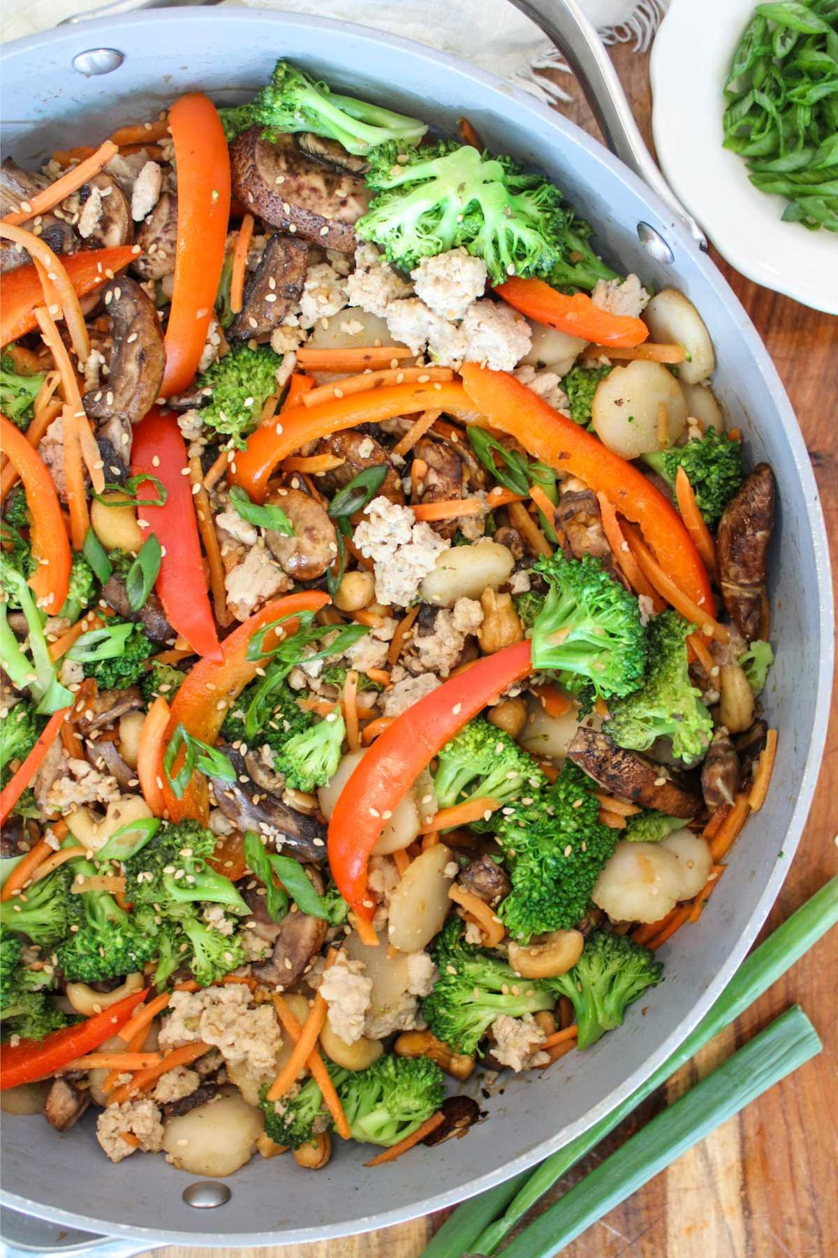 skillet with ground chicken stir fry.