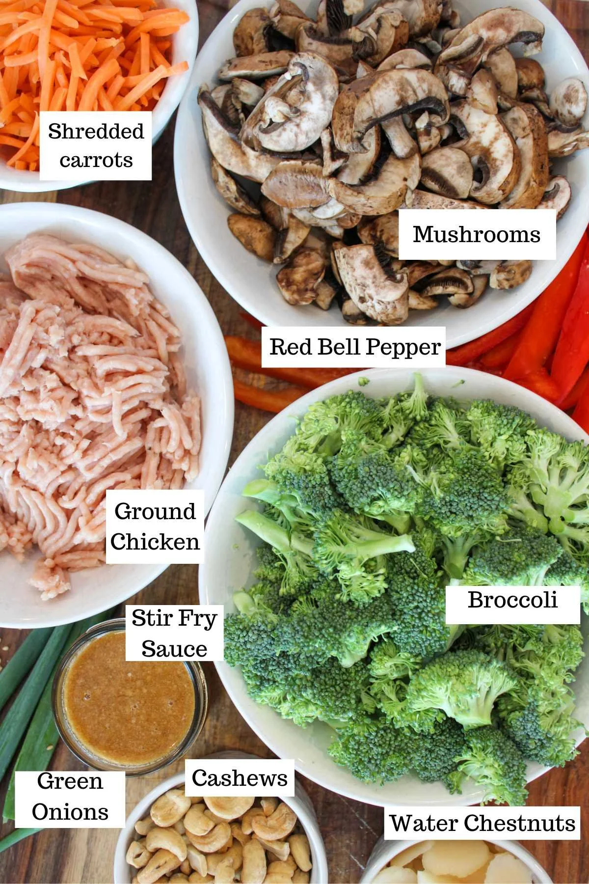 ingredients to make a ground chicken stir fry.