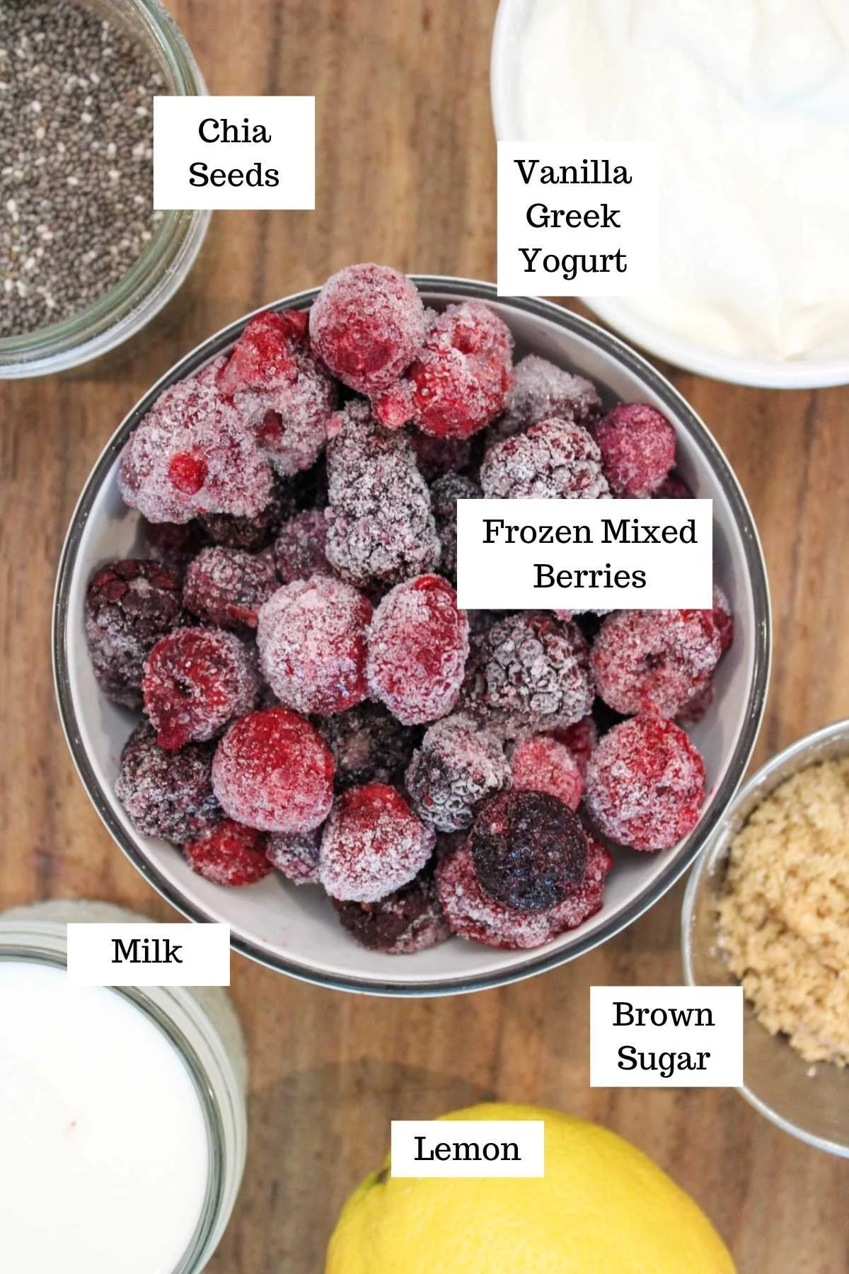 Ingredients infographic with the ingredients for a high protein berry chia seed pudding recipe.