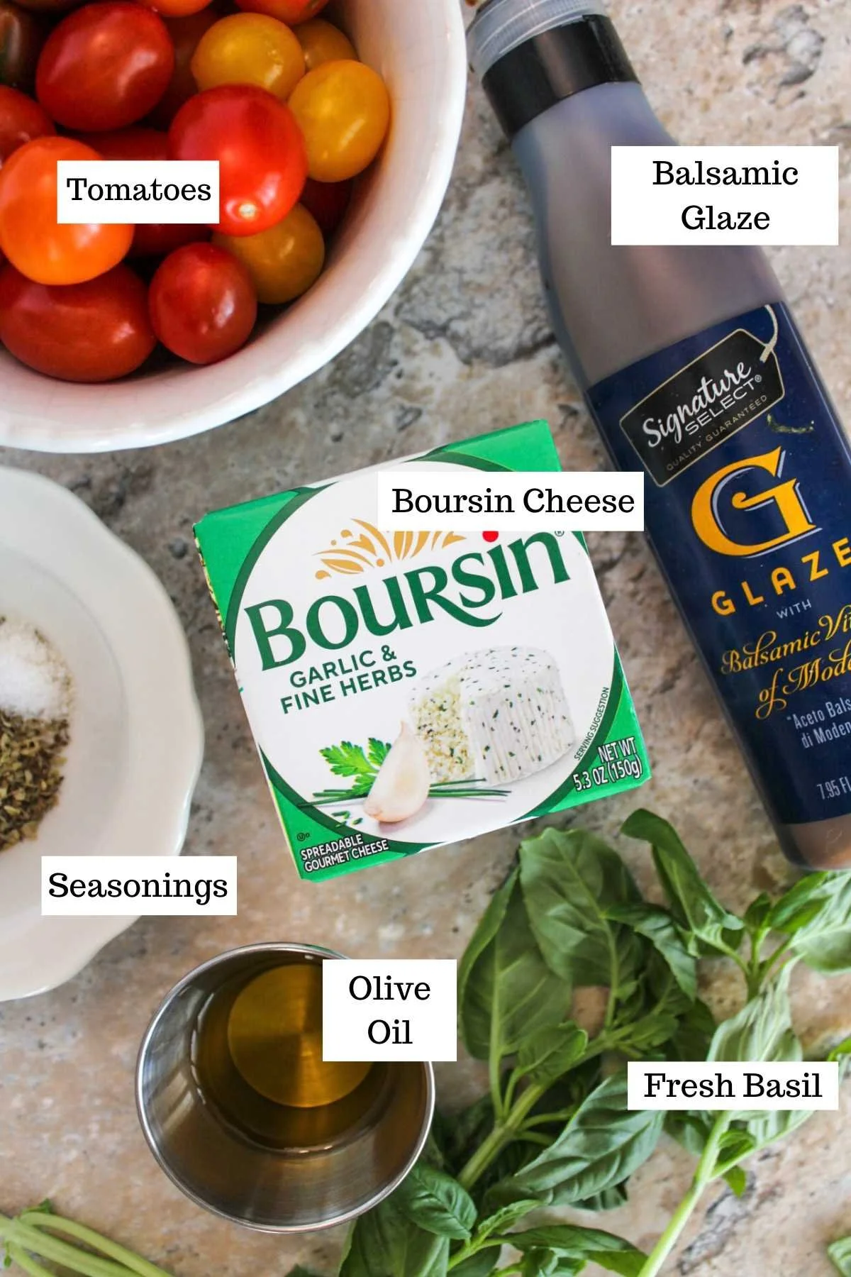 ingredients for a boursin dip with oven roasted tomatoes.