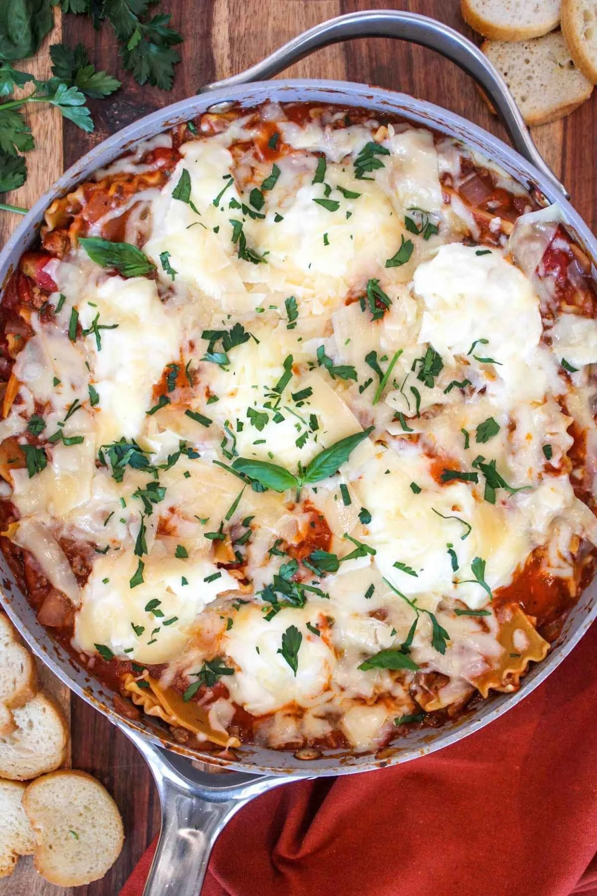 melted cheese on a one pot lasagna recipe.