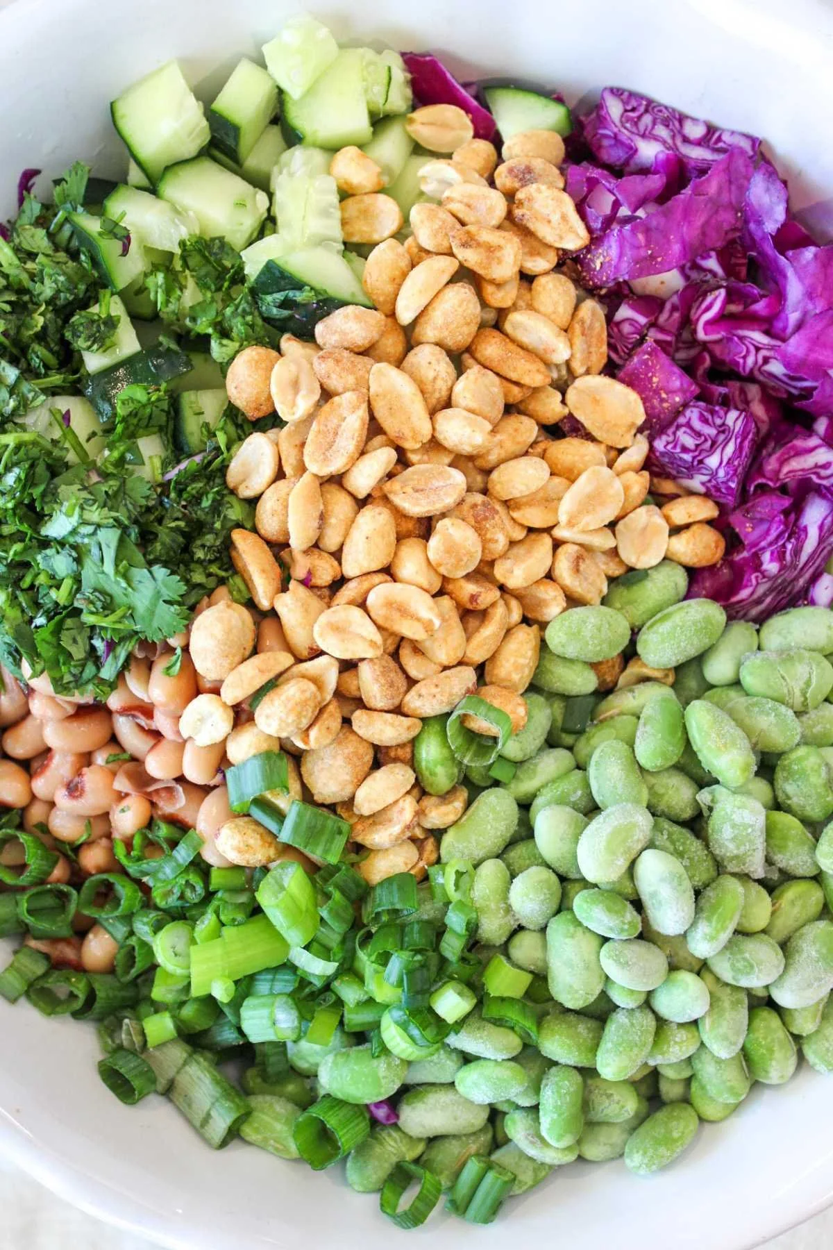 A vibrant salad with peanuts, edamame, chopped cucumbers, purple cabbage, black-eyed peas, cilantro, and green onions in a white bowl.