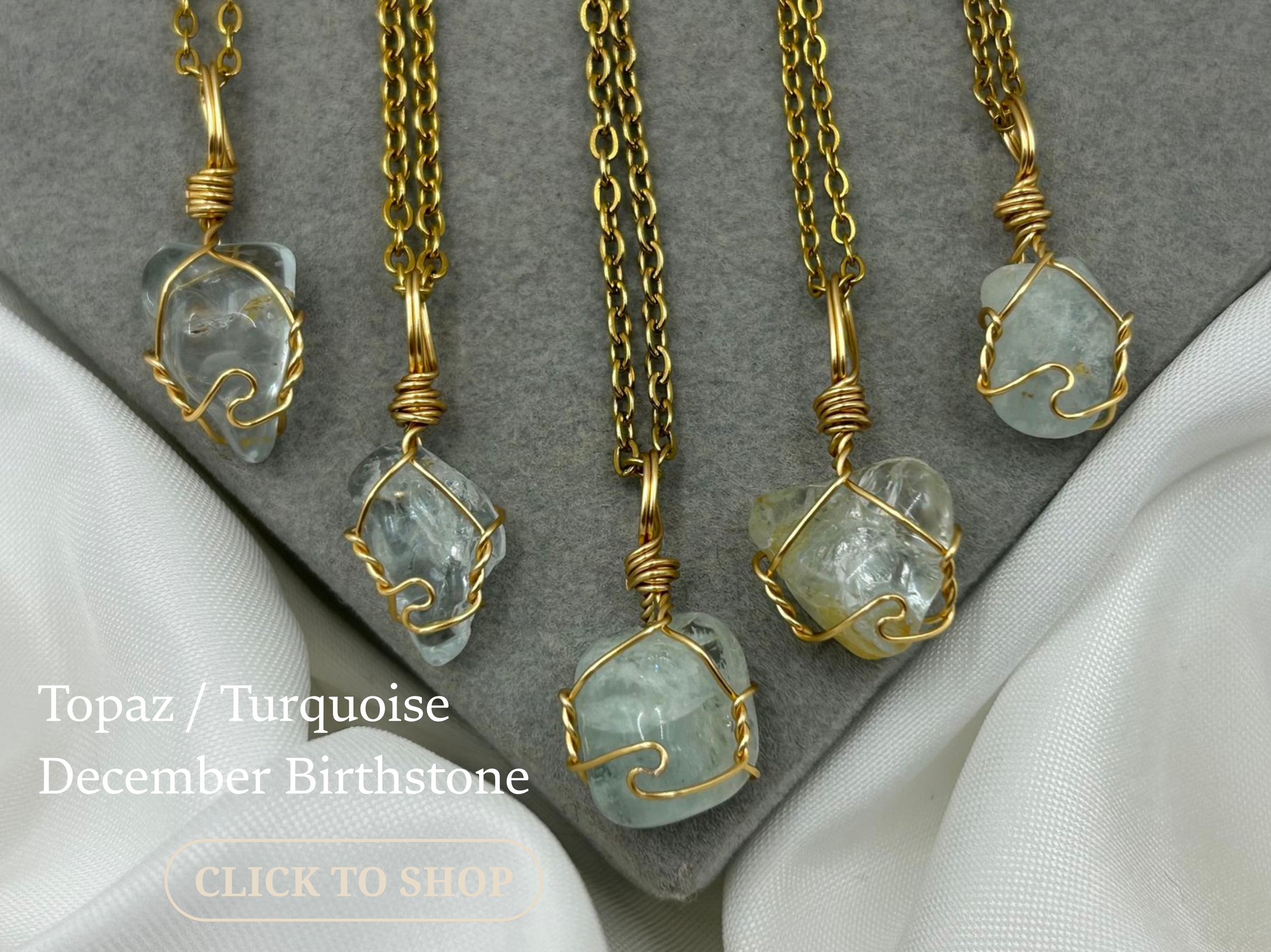 Set of five gold necklaces, each with a turquoise December birthstone pendant wrapped in wire.