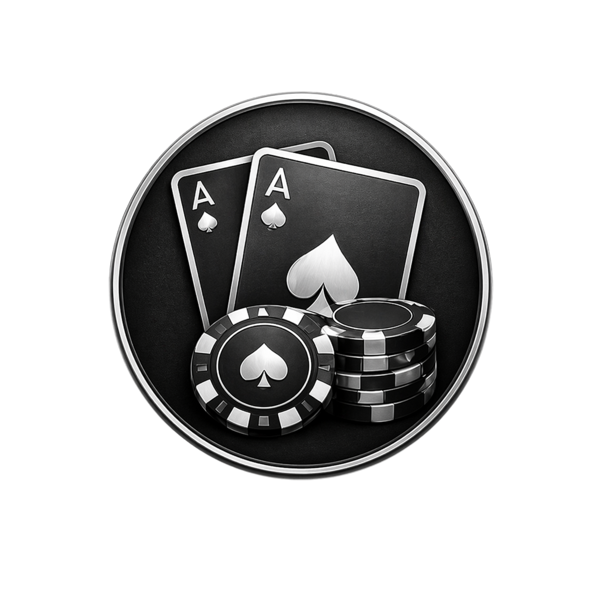 Black poker chips, playing cards with aces, and poker tokens on a black background.