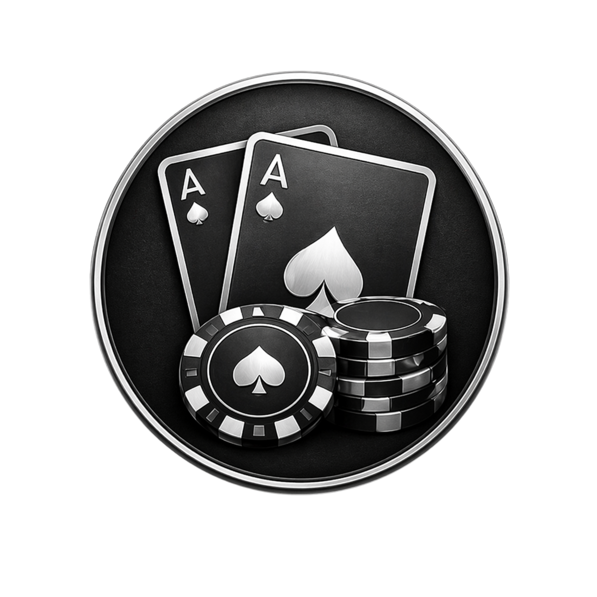A black poker chip with a silver outer edge and a spade symbol in the center, accompanied by a stack of similar chips.
