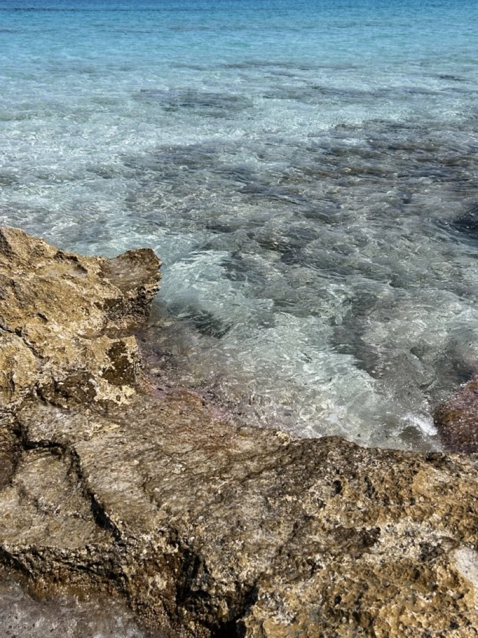 Clear ocean water lapping against rocky shoreline.