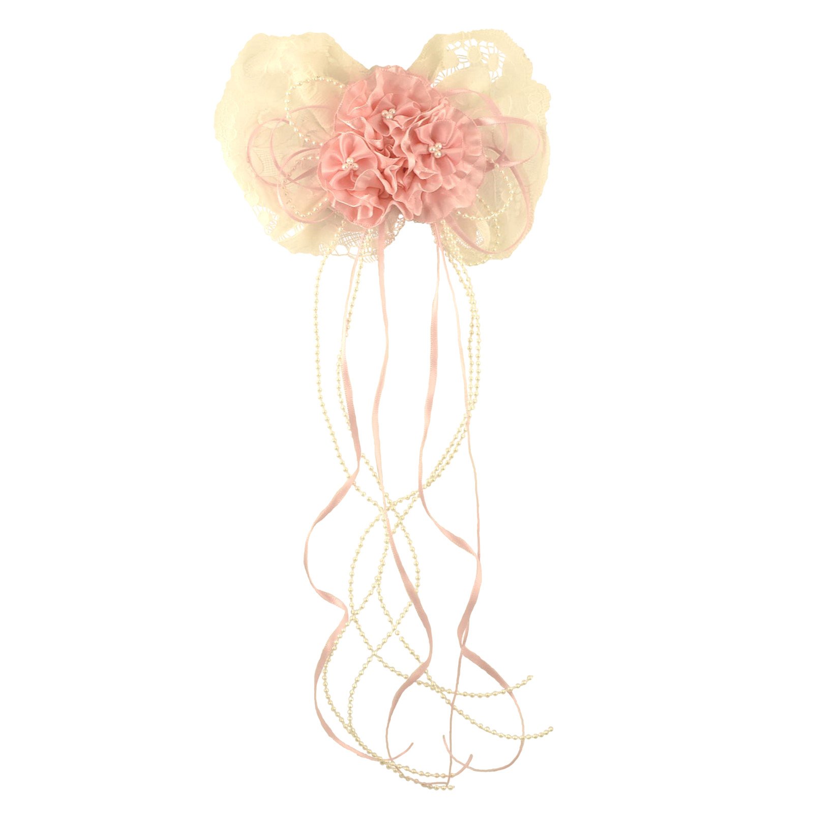 1152-pinched lace bow with satin rosettes center - pearl and satin tails (ivory-white-pink) $15.00.jpg